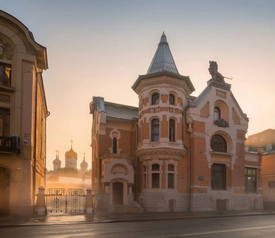 Ultra-realistic architectural street scene of a historic Art Nouveau mansion in central Moscow during golden sunrise. Elegant early 20th-century brick building featuring ornate white stone detailing, a decorative corner turret with a pointed roof, arched windows, intricate facade ornaments, and refined European architectural craftsmanship. Warm golden sunlight filtering through soft morning mist, empty cobblestone street, atmospheric backlighting, subtle sun rays illuminating the facade, historic Orthodox church domes softly visible in the distant background, peaceful luxury neighborhood, cinematic composition, premium architectural editorial photography, photorealistic 8K, HDR, ultra-detailed textures, realistic lighting, timeless European elegance, high-end travel magazine aesthetic.